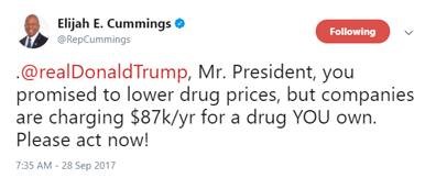 @realDonaldTrump, Mr. President, you promised to lower drug prices, but companies are charging $87k/yr for a drug YOU own. Please act now!