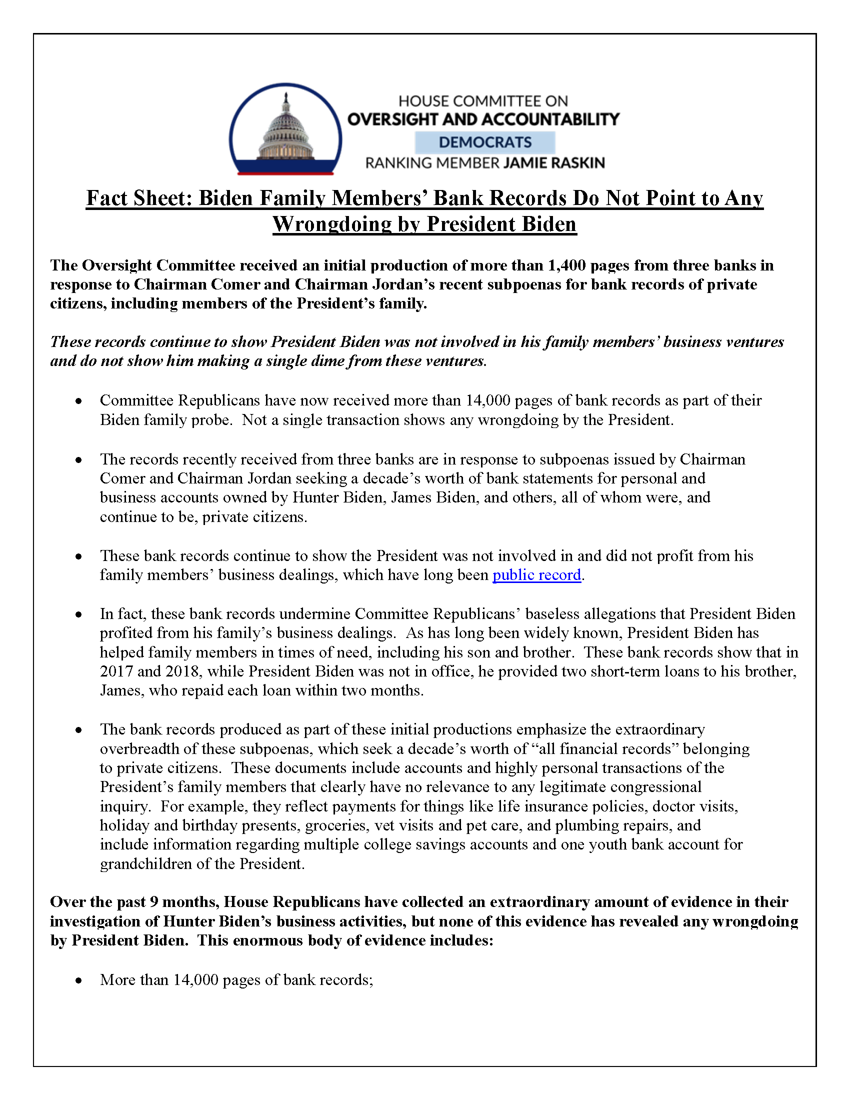Fact Sheet: Biden Family Members’ Bank Records Do Not Point to Any
Wrongdoing by President Biden
