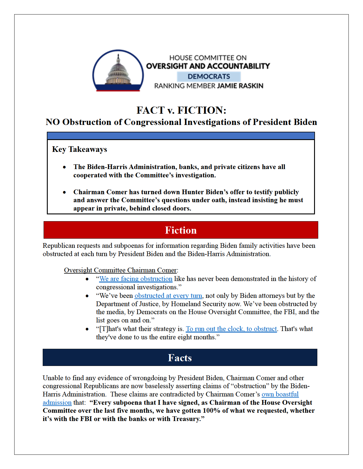 Fact v. Fiction: No Obstruction of Congressional Investigations of President Biden